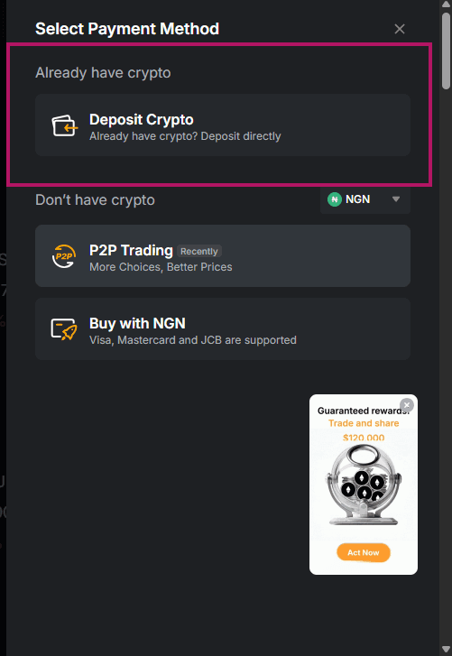Select Payment Method popup — click Deposit Crypto under 'Already have crypto'