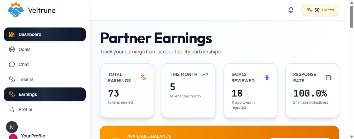 Veltrune Earnings page showing Partner Earnings stats