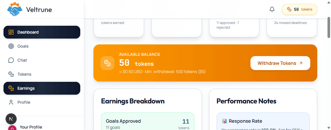 Available Balance card with Withdraw Tokens button