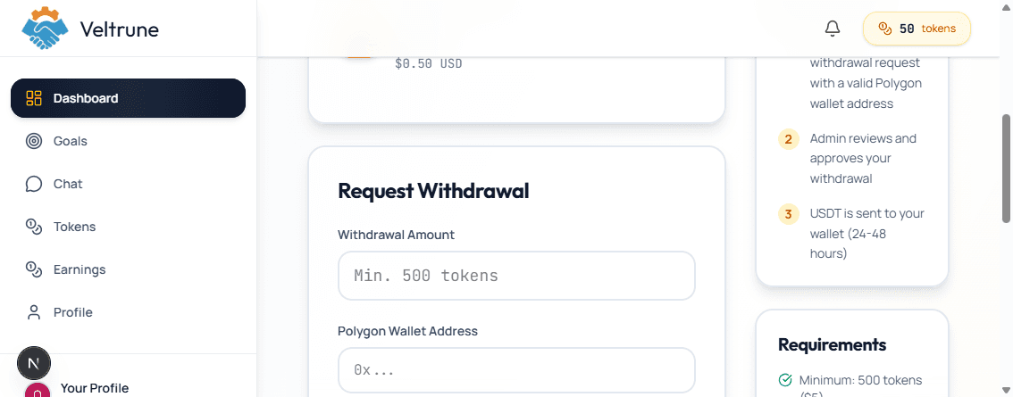 Withdraw form showing amount and wallet address fields